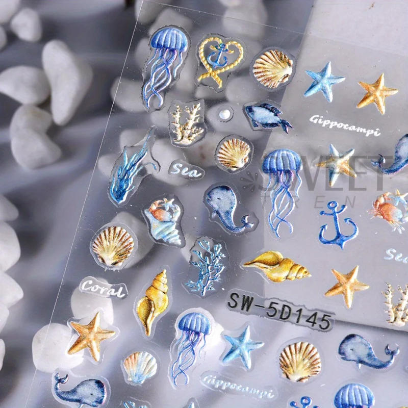 Description Picture 6 of item5D Jellyfish Summer Beach Nail Stickers White Shell Starfish Screw Adhesive Sliders Mermaid Embossed Decals Manicure Foils Decor