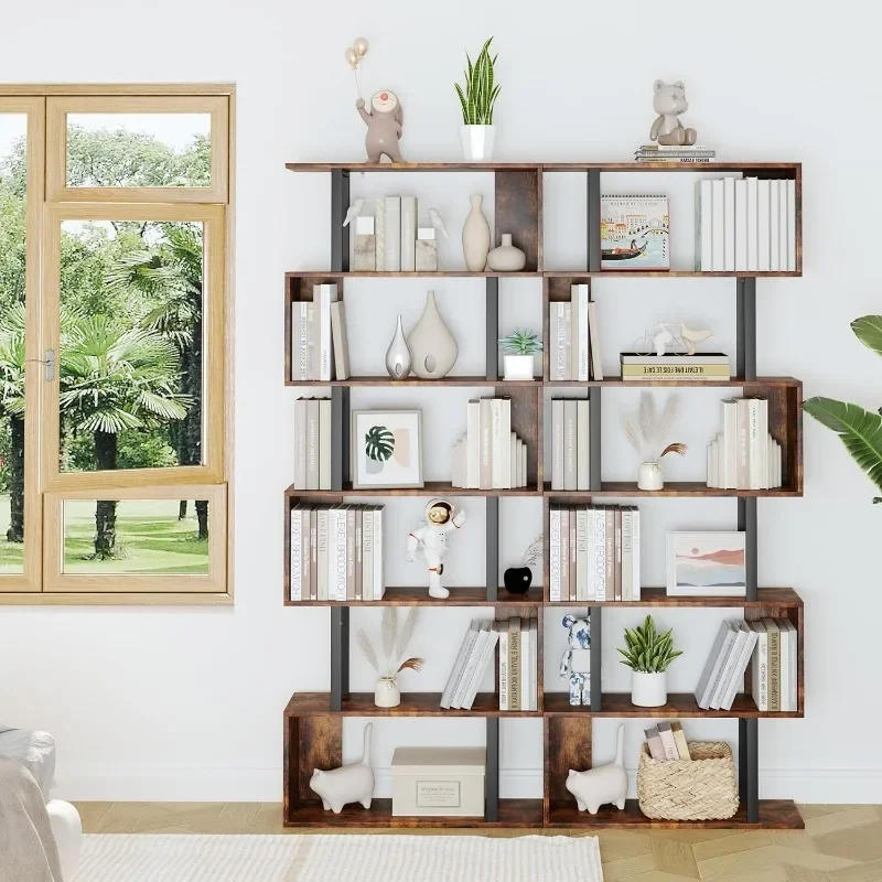 Description Picture 5 of itemYusong Geometric Bookcase, S Shaped Bookshelf 6-Tier Book Shelves for Bedroom, Modern Wood Decorative Display Shelf, Bown