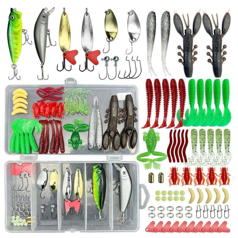 Description Picture 3 of item84/107pcs Fishing Lure Kit Soft and Hard Bait Set Gear Layer Metal Jig Spoon For Bass Pike Crank Tackle Accessories with Box