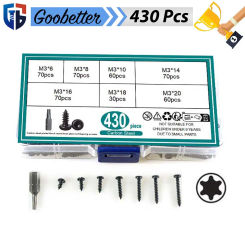 430Pcs M3 Carbon Steel Torx Hexalobular Socket Tapping Screws Set Black Pan Head Six-Lobe Screw Bolt Assortment Kit
