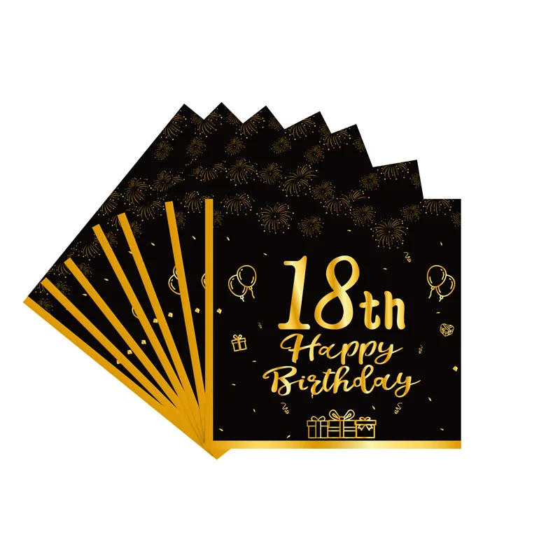Description Picture 6 of item8Guests 18 Years Old Birthday Disposable Tableware Sets Black Golden 18th Paper Plate Napkin Cup Happy 18th Birthday Party Decor