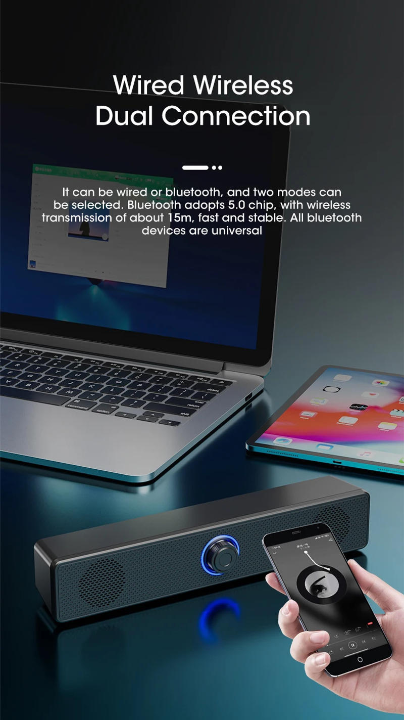 Description Picture 4 of itemPC Soundbar Wired and Wireless Bluetooth Speaker USB Powered Soundbar for TV Pc Laptop Gaming Home Theater Surround Audio System