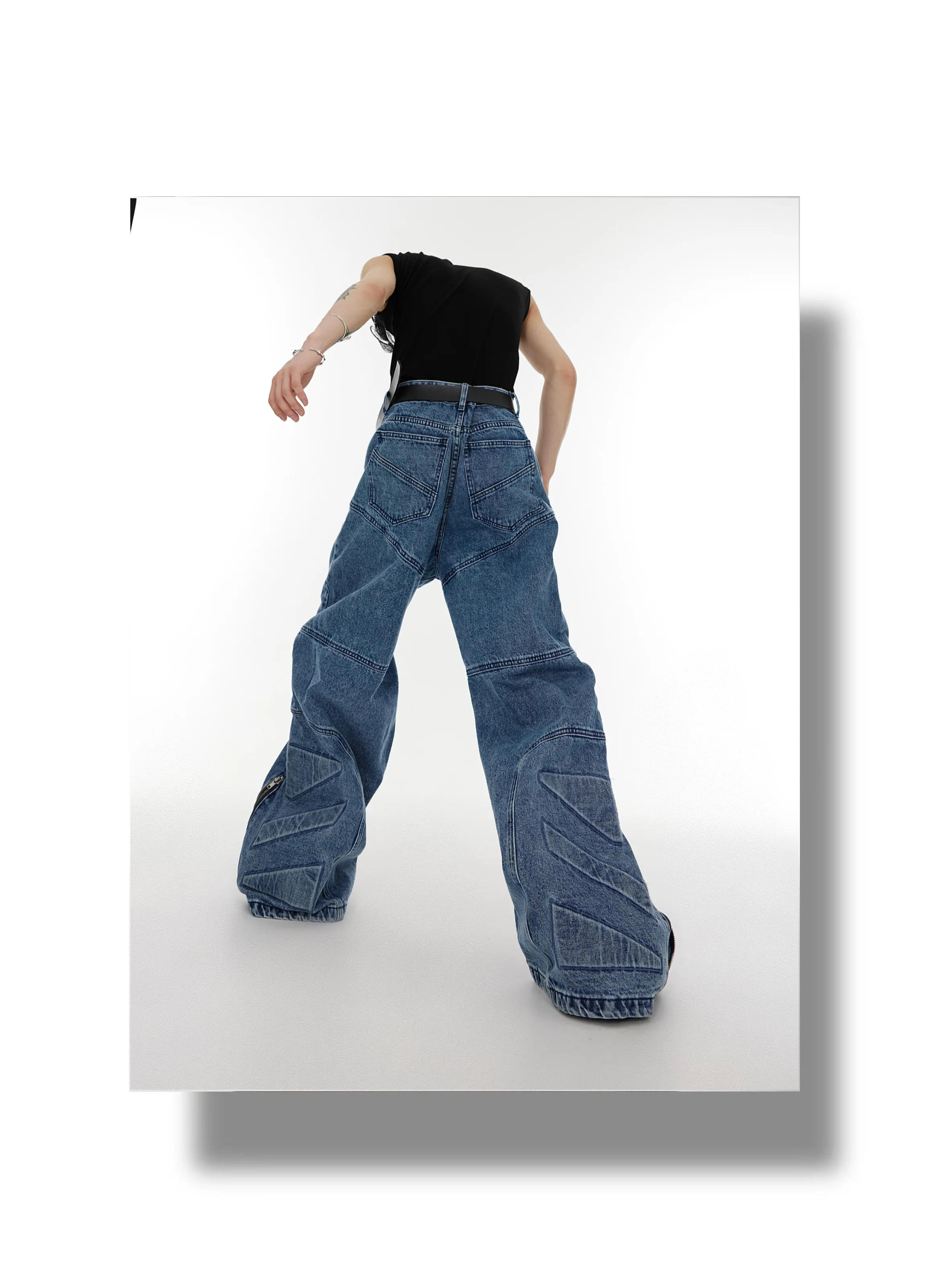 Description Picture 6 of itemWasteland Style Women Techwear Vintage Washed Pleated Jeans Metal Zipper Loose Wide-Leg Draping Mop Pants for Men