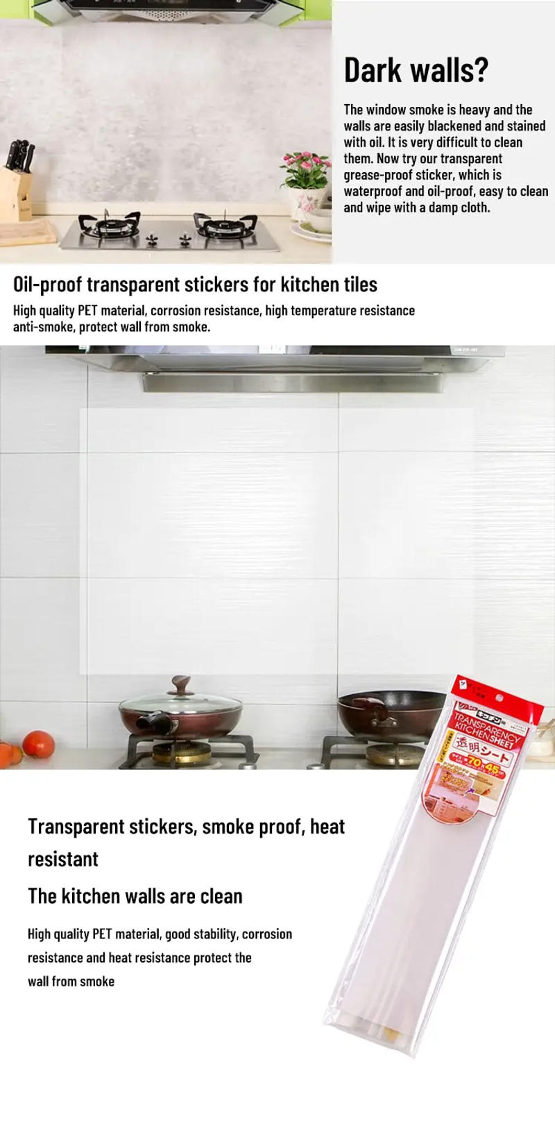 Description Picture 3 of item1Pc 70x45cm Kitchen Oil Proof Wall Sticker Heat-resistant Wallpaper Clear Self Adhesive Film Waterproof Paper Home Decoration