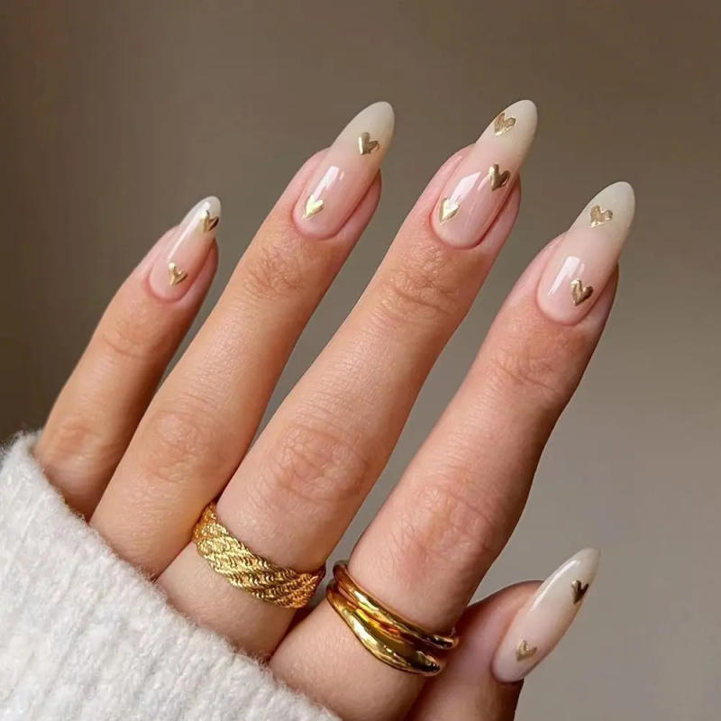 Description Picture 2 of item24pcs/Box Almond False Nails Press On Nails Detachable Fake Nail Tip gold heart with Design Manicure Patches Press On Nails