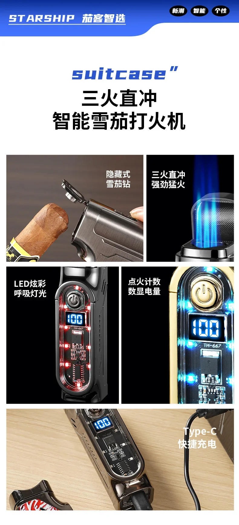 Description Picture 3 of item2026 New Three Straight Lighters Portable Ignition Multi-function Cigarette Lighter Household Fierce Lighter  Wholesale.