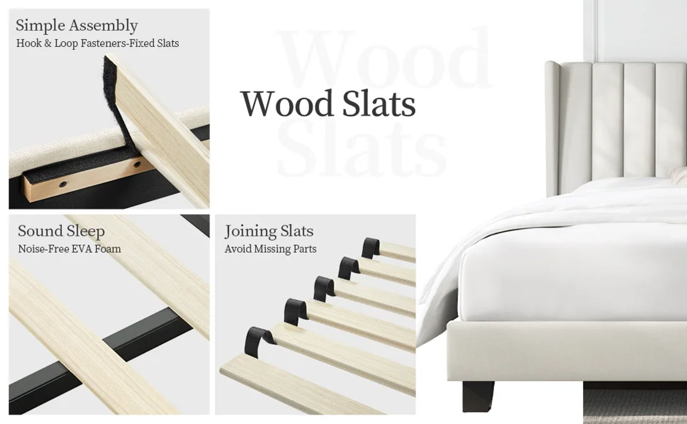 Description Picture 5 of itemQueen Frame Upholstered Platform Bed With Fabric Headboard, Wing Edge Design/Non-Slip And Noise-Free/Wooden Slats