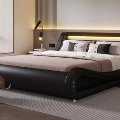 LED Queen Bed Frame with Adjustable Headboard Low Profile Sleigh Design Strong Wood Slats Support and Mattress Foundation
