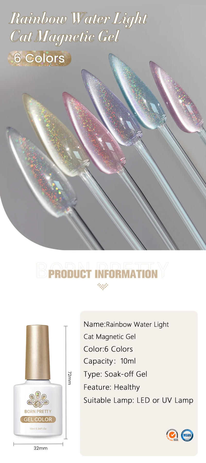 Description Picture 2 of itemBORN PRETTY 10ml Rainbow Purple Water Light Cat Magnetic Gel Nail Polish Shining Super Sliver-light Holographics Soak Off UV Gel