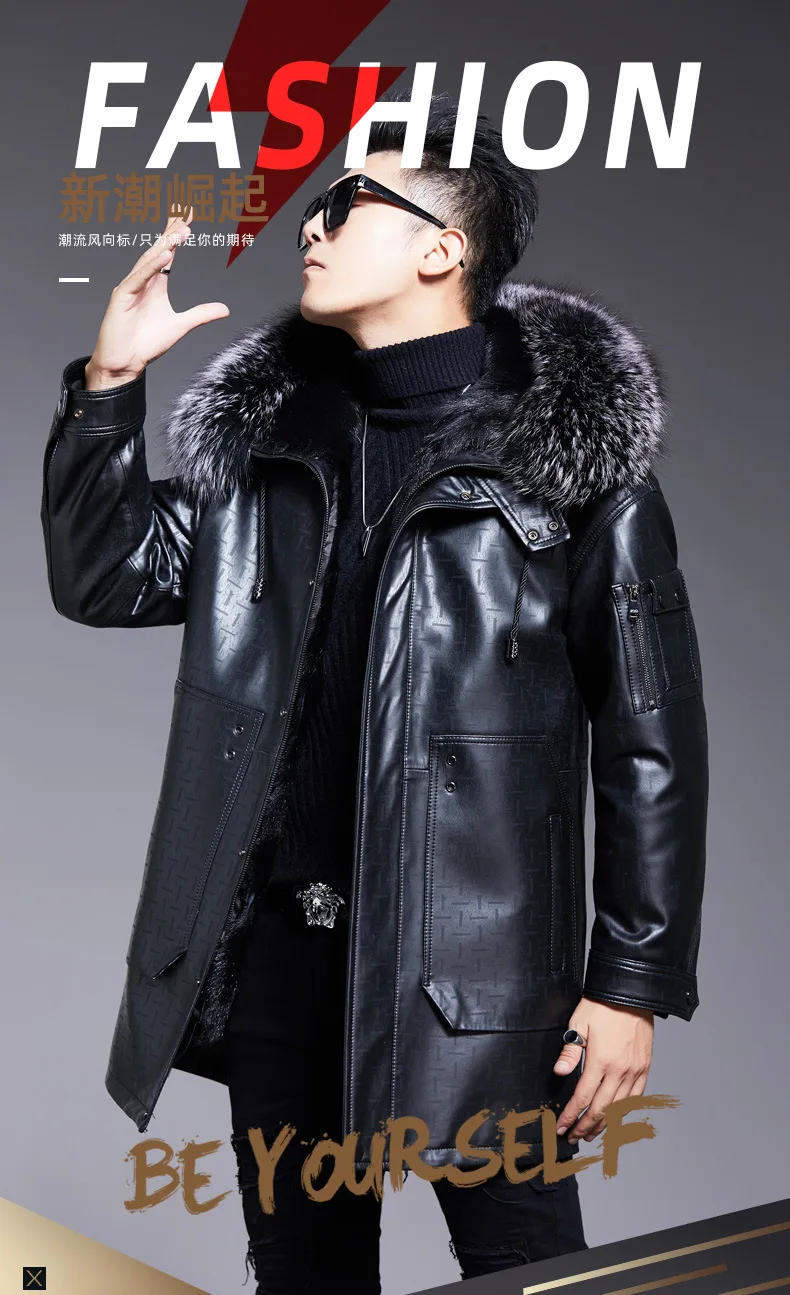 Description Picture 2 of itemGenuine Leather Coat Men's Mid Long Fox Fur Collar Lamb Fur Coats Male Fur Parkas Men Winter Clothing Chaquetas Para Hombre FCY