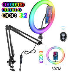 RGB Color Soft Ring Light Circle Lamp With Desk Long Arm Tablet Tripod Phone Holder Stand Photography Lighting Selfie RingLight