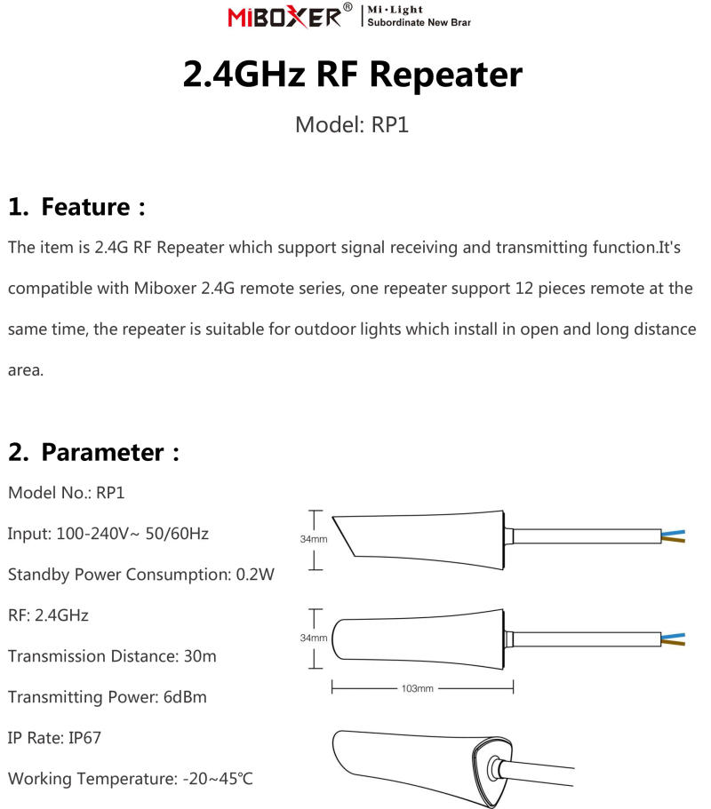 Description Picture 6 of itemMiboxer RP1 AC110V 220V 2.4GHz RF Repeater Waterproof IP67 Extend Control Distance Of Outdoor Lights Remote Signal Receiver