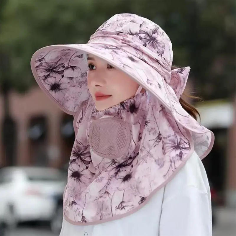 Description Picture 5 of itemSummer Women Wide Brim Garden Work Shade Hat Face Mask Detachable Sunhat Outdoor Print Breathable Fisherman Hat UV Protection ﻿