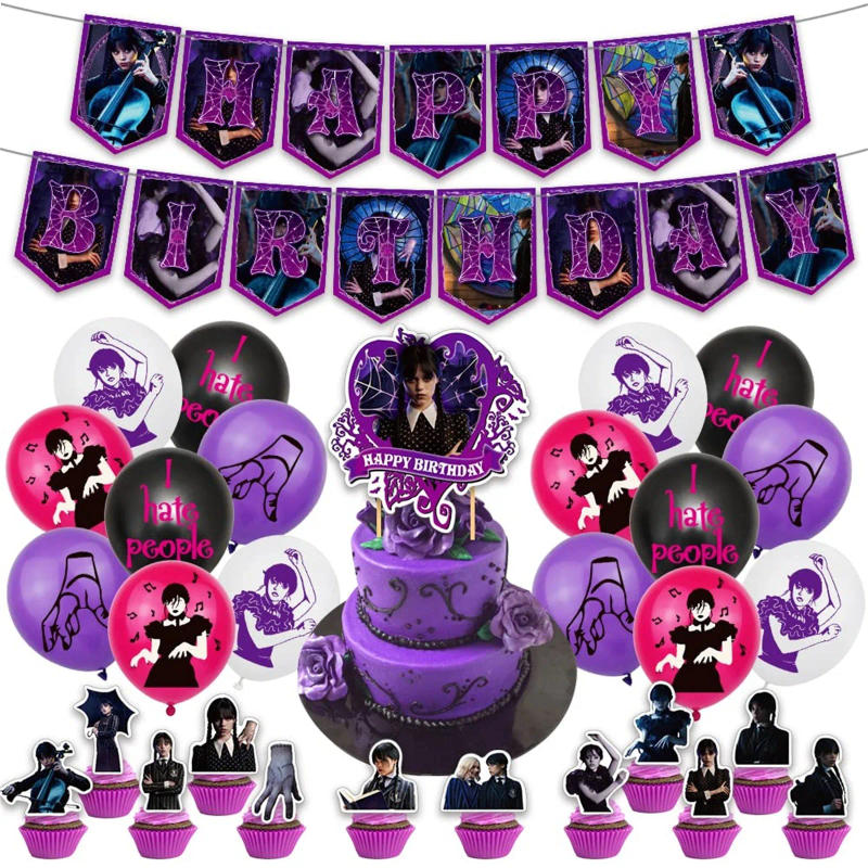 Description Picture 2 of itemWednesday Addams Birthday Decorations Party Supplies Cake Topper Party Decorations Happy Birthday Banner Latex Balloon