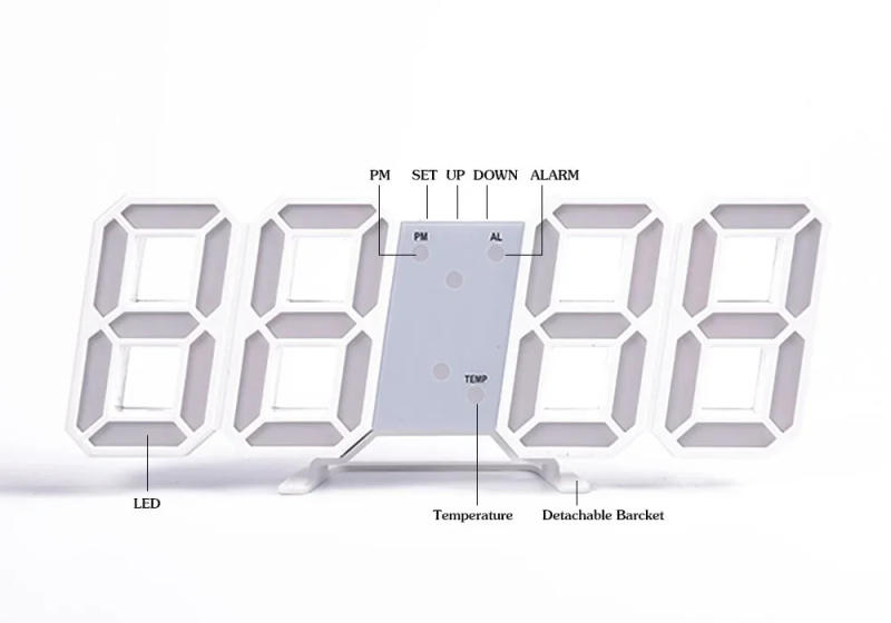 Description Picture 6 of itemWall Clock Digital Alarm Modern Kitchen Electronic Smart 3D USB Power Supply LED Time Date Temperature Display Desktop Bedroom