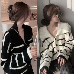 Korean Striped Knitted Open Cardigan Sweater Women's Early Autumn New Loose Collar Outerwear Short Top Fashionable Casual Style