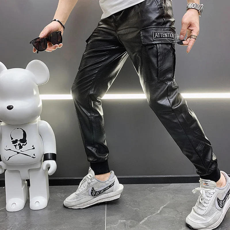 Description Picture 5 of itemThickened Camouflage Leather Pants Hip Hop Large Pocket Casual Leather Pants Men's Elastic Waist Leather PU Pant Motorcycle Pant