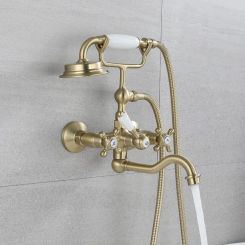 Tuqiu Brushed Gold Bathroom Bathtub Faucet + Handheld Shower Set Gold Luxury BathTub Mixer Taps Wall Mounted Brass