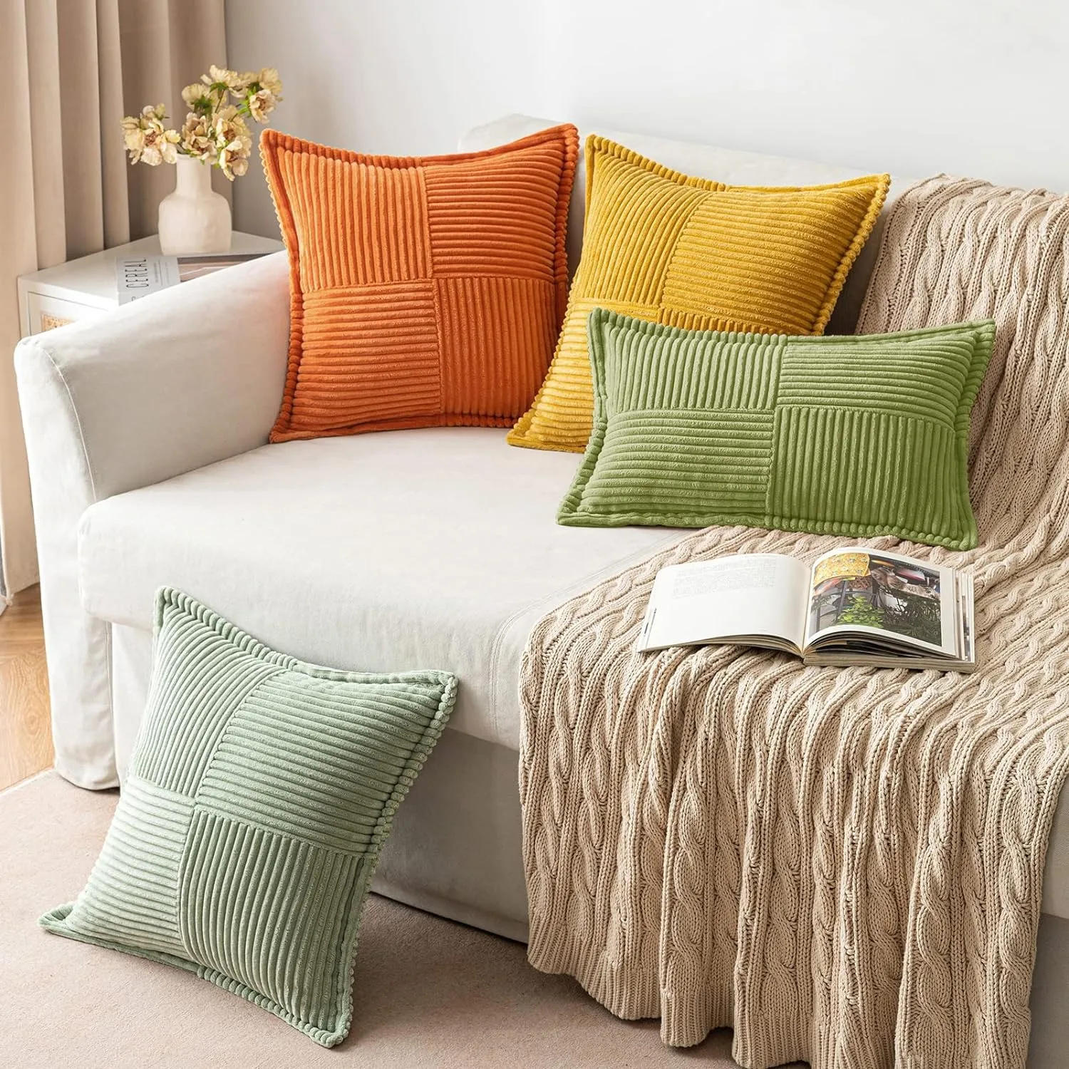 Description Picture 3 of itemBeige Corduroy Decorative Throw Pillow Covers with Splicing 18x18 Inch Luxurious Textured Boho Striped Broadside Cushion Cover