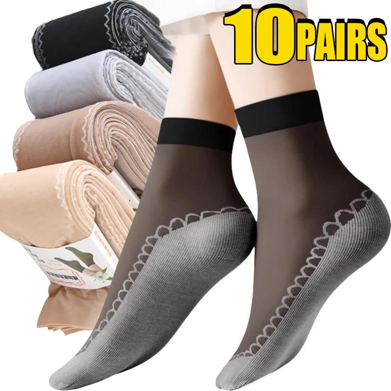 Description Picture 2 of item1/10pairs Silk Velvet Ankle Short Sox Elastic Lace Socks Women Transparent Ultrathin Female Mesh Non-Slip Bottom Splice Sock