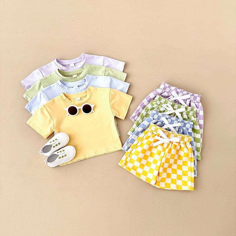 Description Picture 3 of item2024 Newborn Summer Boys Clothing Set Solid Color Short Sleeved T-shirt+Checkerboard Shorts Cotton Girls Casual Children Suit