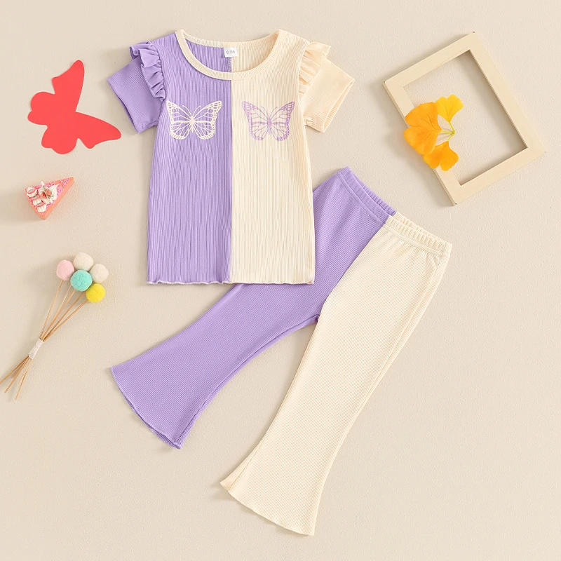 Description Picture 2 of itemKid Girls Pants Set Contrast Color Short Sleeve Butterfly Print T-shirt with Flare Pants Summer Outfit