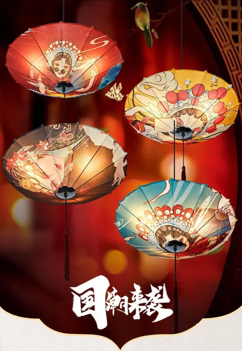 Description Picture 3 of itemCreative Retro Cartoon Cloth Printed Paintings Hot Pot Restaurant Hotel National Tide Umbrella Light Internet Celebrity