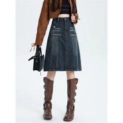 American Style Vintage Washed Denim Skirt for Women High Street Loose Wide Leg Design Sense Midi Skirt