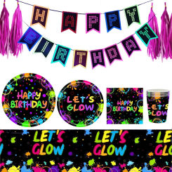Neon Glow Party Disposable Tableware Paper Plates Cups Napkin Tablecothe Adult Glow In The Dark  Birthday Party Decor Supplies