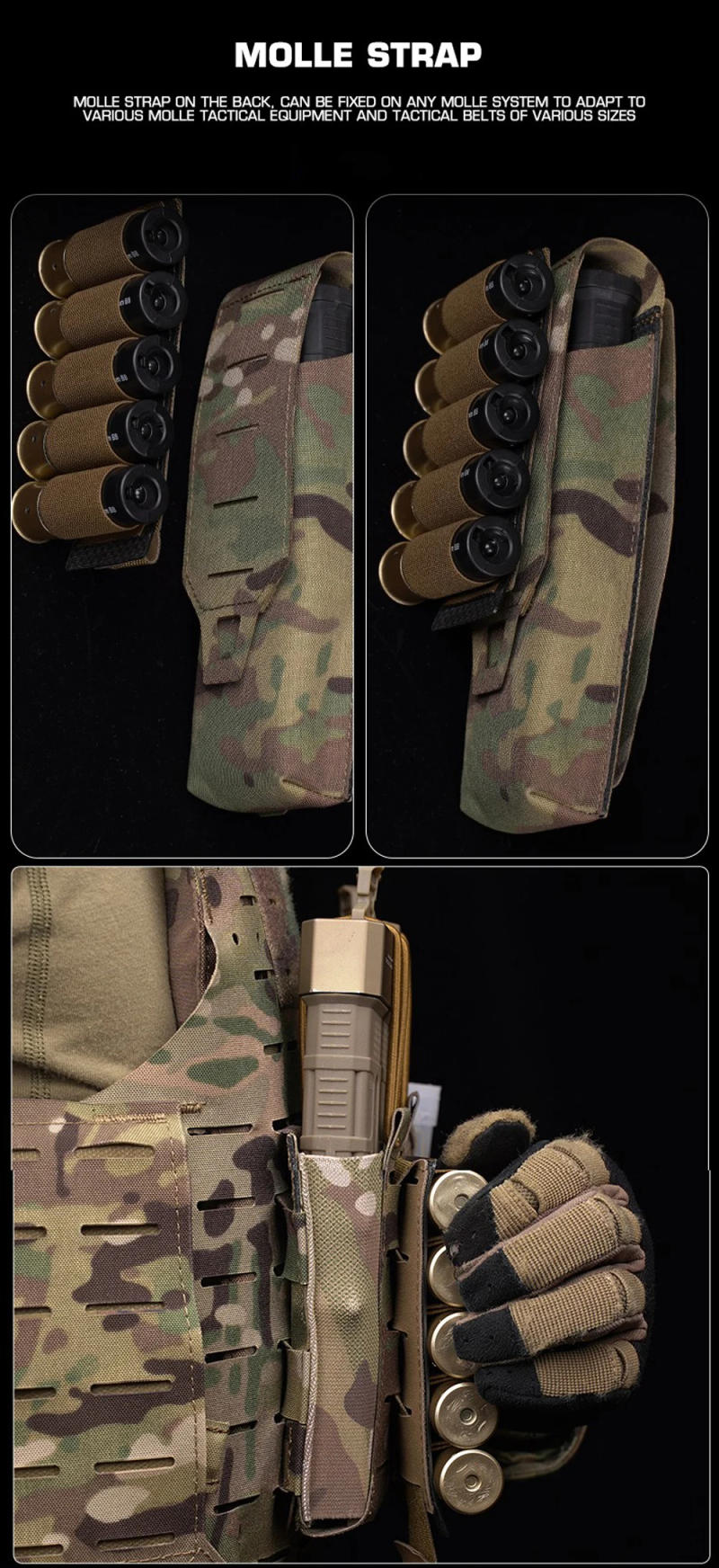 Description Picture 6 of itemTactical 5 Rounds 12 Gauge Shotgun Ammo Pouch Hanging Molle  Hunting Gun Carrier Holder Bullet Cartridge Accessories