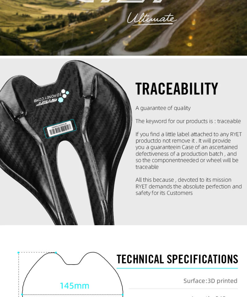 Description Picture 4 of itemRYET 3D Printed Bicycle Saddle Ultralight Carbon EVA 245x145mm Bike Seating Part MTB Gravel Road Bike Seat Cycling Cushion