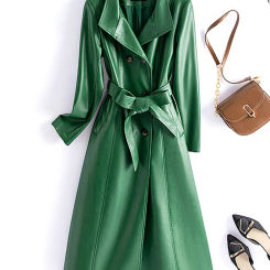 Women Sheep Leather Trench Coat Autumn Winter Fashion Stand Collar Double Breasted Lace-up Slim Long Leather Coat Split Leather