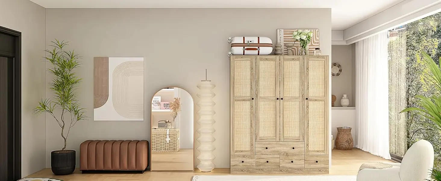 Description Picture 2 of itemRattan Closet Wardrobe Cabinet with 2 Drawers & Hanging Rod, Storage Wardrobe Armoire Dresser for Bedroom Organizer