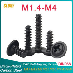 M1.4 M1.7 M2 M2.3 M2.6 M3 M3.5 M4 Black Plated PWB Cross Pan Head With Washer Flat Tail Self Tapping Screws Round Head Phillips