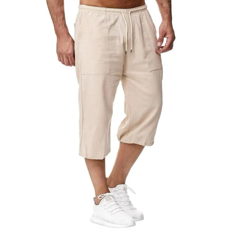Description Picture 6 of itemSolid Color Cropped Pants Men's Mid-rise Elastic Drawstring Wide Leg Pants with Pockets for Summer Streetwear Cropped Trousers