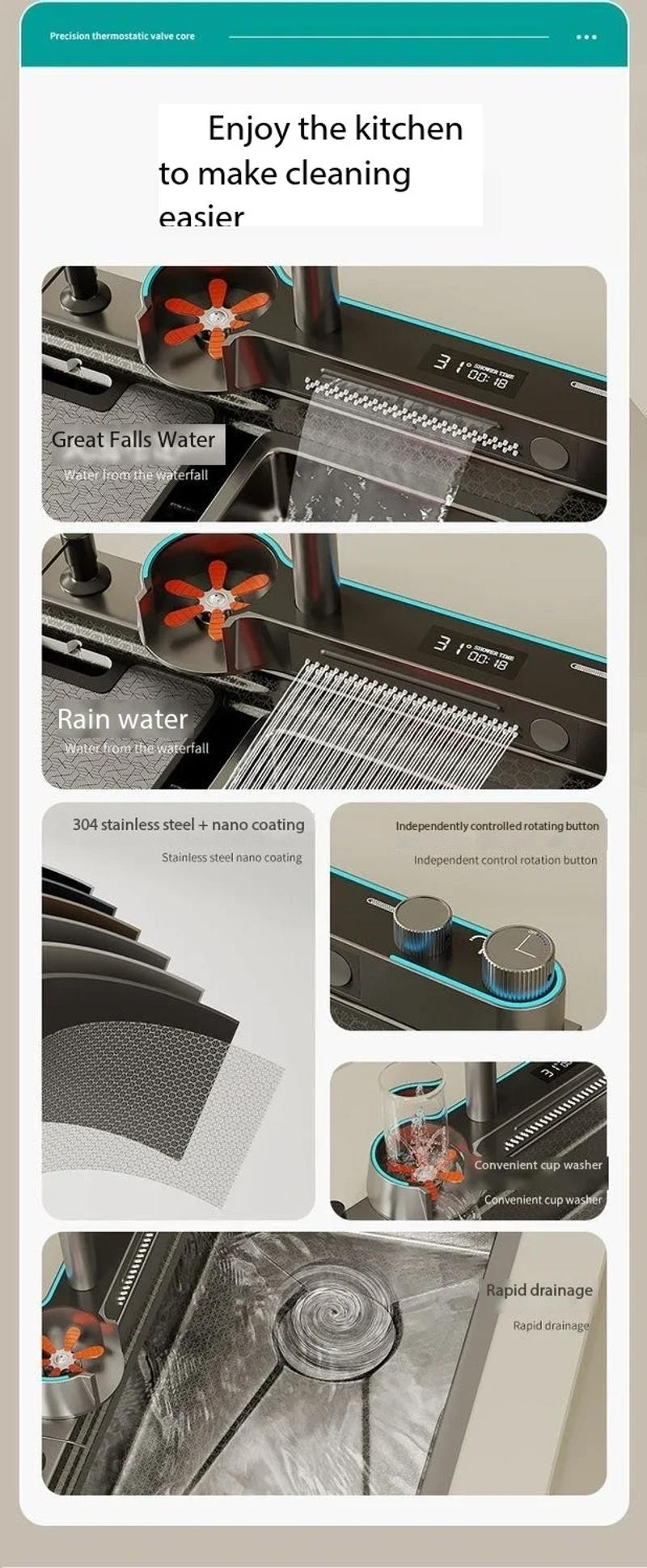 Description Picture 6 of itemNew product Stainless Steel Waterfall Kitchen Sink Embossed Large Single Slot Integrated Digital Display Faucet Set Wash Basin