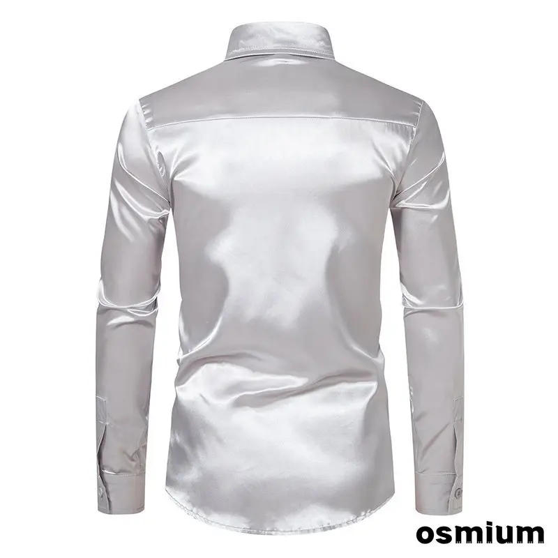 Description Picture 5 of itemMen Autumn Winter Long Sleeve Button Up Dress Formal Shirt Mens Satin Nightclub Shirt Plus Size Gold Blue Performance Clubwear