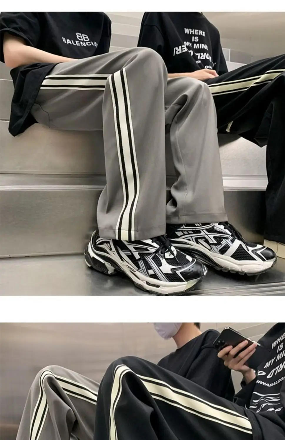 Description Picture 3 of itemAmerican street men and women trendy retro striped patchwork straight casual pants for spring and autumn loose wide leg pants