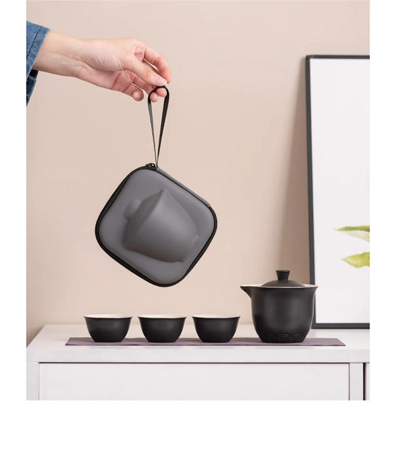 Description Picture 3 of itemCustom Portable Travel Tea Set High-end Japanese Tea Pot Teacup Storage Bag Suit Ceramic Tea Set One Pot Three Cups Home Teaware
