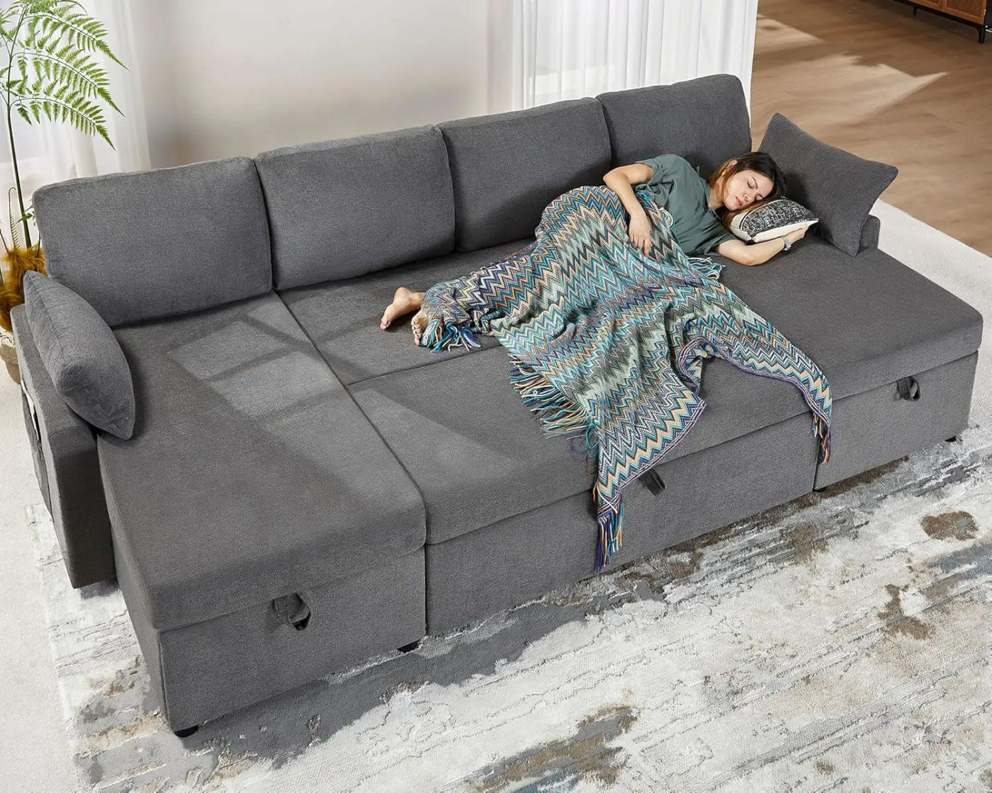 Description Picture 4 of itemSleeper Sofa 110 inch Oversize 2 in 1 Pull Out Bed Sectional Sleeper Sofa with Double Storage Chaise for Living Room Grey