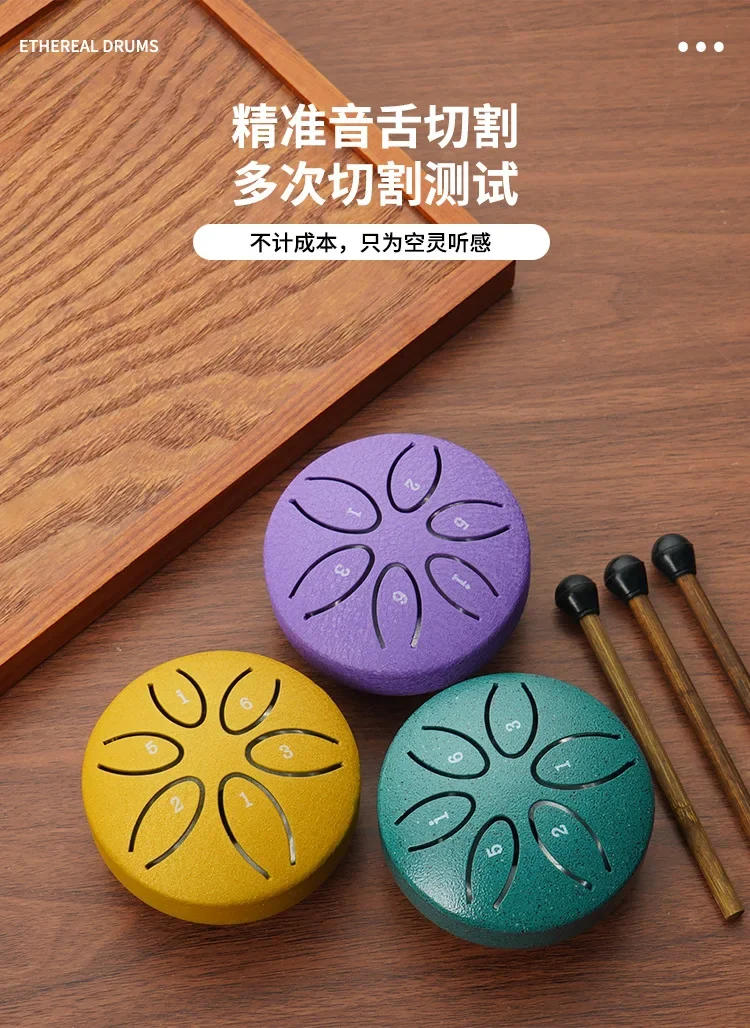 Description Picture 6 of item3 Inches 6 Tones Steel Tongue Drum Outdoors Rain Drums Instrument Mini Hand Drum Ethereal Drums Sticks Percussion Accessories