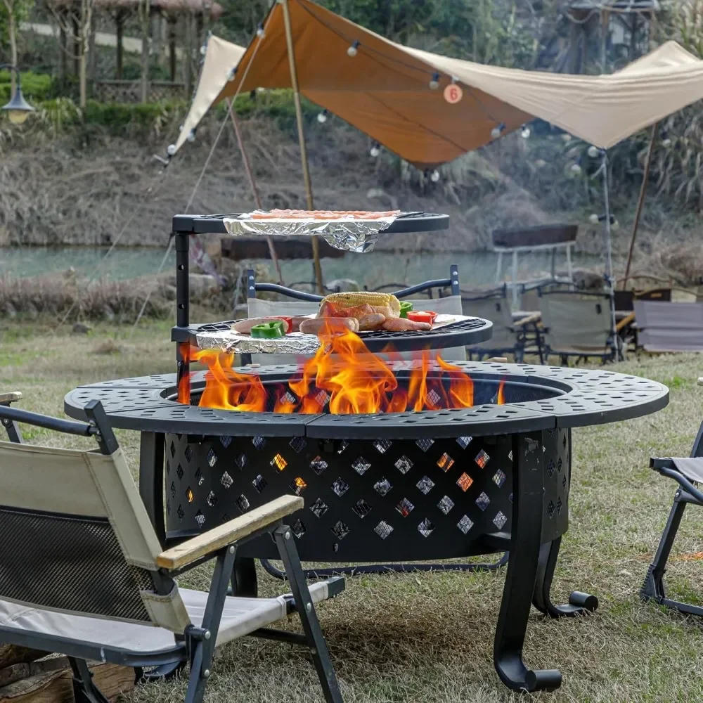 Description Picture 4 of item42 Inch Fire Pit with 2 BBQ Grills, Wood Burning Fire Pits for Outside with Lid & Fire Poker, BBQ& Outdoor Firepit & Round Metal