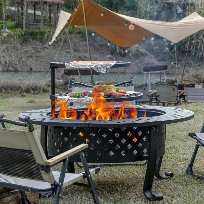 Description Picture 4 of item42 Inch Fire Pit with 2 BBQ Grills, Wood Burning Fire Pits for Outside with Lid & Fire Poker, BBQ& Outdoor Firepit & Round Metal