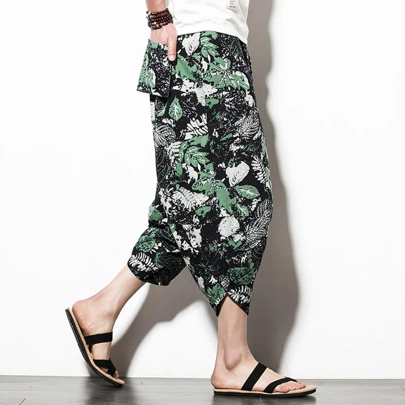 Description Picture 6 of itemMen Trousers Fashion Ethnic Style Retro Print Harem Trousers Summer Wide Leg Cotton Linen Beach Pants Male Drawstring Yoga Pant