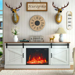 Kurapika Fireplace TV Stand for up to 75" TV, Farmhouse Entertainment Center with 24" Fireplace, 67" Media Console Cabinets for
