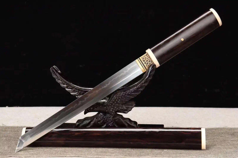 Description Picture 5 of itemChinese Kungfu Short Battle Sword,Real Multi Refined Folded Patterned T10 Carbon Steel Blade,Top Ebony Sheath,Unhardened