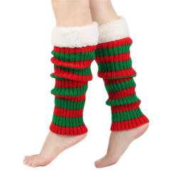 Combhasaki Women Christmas Striped Knit Leg Warmers Plush Trim Stacked Leg Sleeves Knee Length Boot Cuffs Winter Fall Streetwear