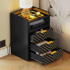 Modern Bedside Table with Wireless Charging USB Ports LED Lights 3 Drawers Black Nightstand