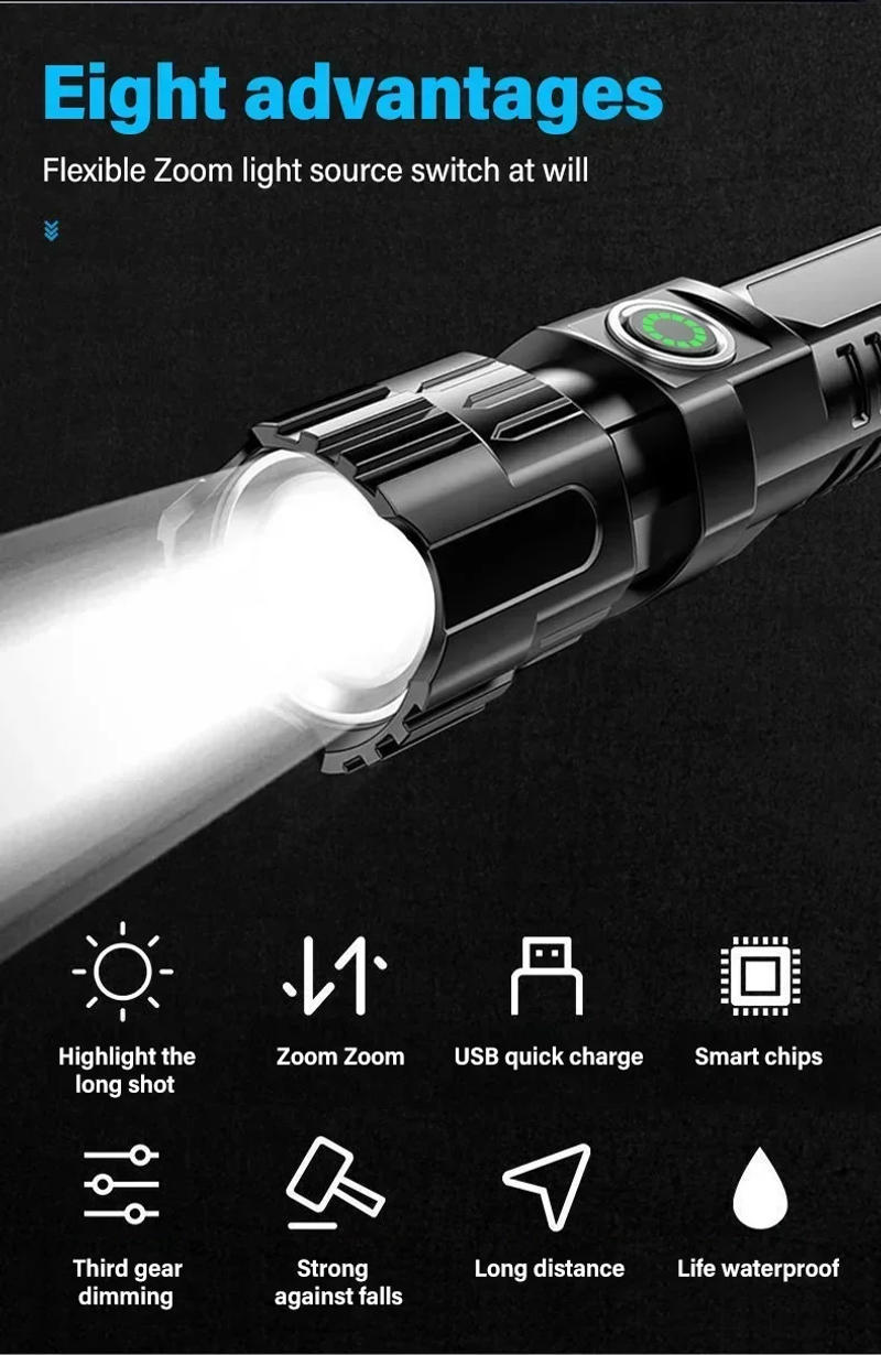 Description Picture 3 of itemP200 Super Powerful LED Flashlight Zoom Tactical Torch Built-in Battery USB Rechargeable Waterproof Lamp Ultra Bright Lantern