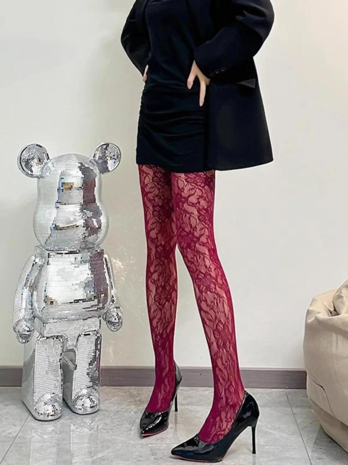 Description Picture 3 of itemClassic Flower Lolita Kawaii Socks Lace Mesh Stocking Bottomed Pantyhose Japanese Lolita Retro Floral Rattan Red Stocking Tights